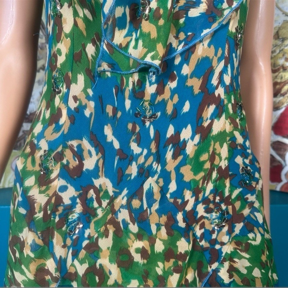 Robbie Bee Maxi Dress Women's Size 8 Ruffle Green Blue Abstract Print Tiered - Picture 5 of 12
